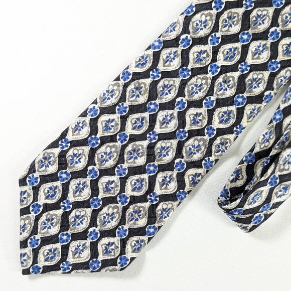 Oscar de la Renta 100% silk necktie, black white blue chinoiserie pattern - Picture 1 of 10